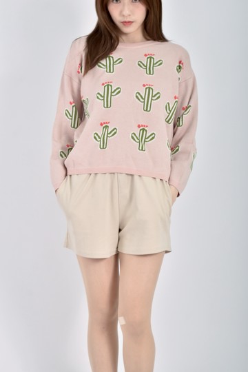 (XL) t parts針織仙人掌滿版粉色長袖上衣