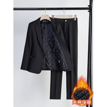 夾棉黑色西裝外套女秋冬加厚2024新款正裝工作服職業西服套裝春秋