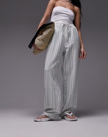 Topshop pull on towelling stripe wide leg trouser in white