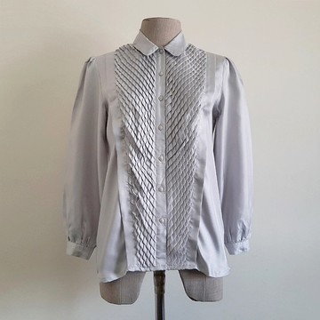 復古銀灰色女款長袖蓬蓬袖襯衫 鈕釦領口 上衣 XS