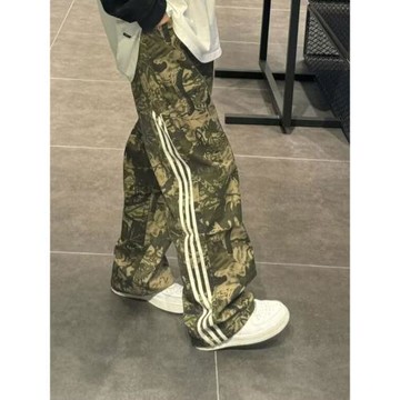 美式三杠條紋傘兵工裝褲男夏季潮牌hiphop高街休閑迷彩直筒闊腿褲