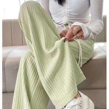 臺灣出貨 雲朵褶皺窄版闊腿褲女新款米白色針織春夏高腰垂感直筒休閒褲休閒長褲涼感褲女直筒褲女