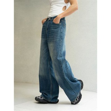 CLP藍色貓須水洗寬松復古牛仔褲男寬松闊腿直筒休閑潮流褪色痞帥