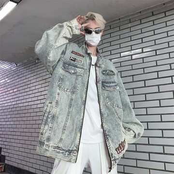 美式復古水洗牛仔外套男春秋2025新款潮牌寬松休閑刺繡立領機車服