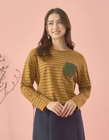 ★【喜芝梅】金橙綠意 條紋拼色純色口袋長袖上衣(橘色；M-2L) 224470015