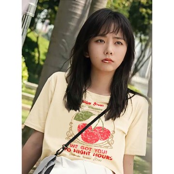 譚松韻同款衣服短袖t恤女2025新款夏裝復古印花純棉寬松明星上衣