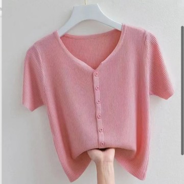 台灣出貨 夏季新款高級短袖t恤冰絲薄款開衫女冰絲針織衫  短袖女 針織短袖 針織衫 大尺碼t恤 女生上衣