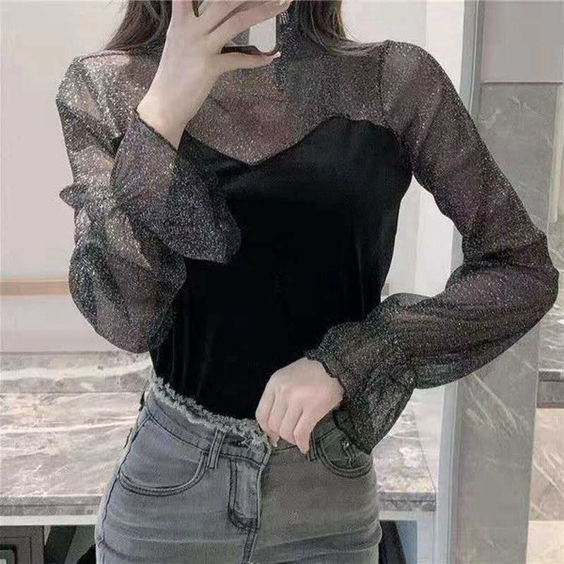 レディース シアートップス チュールトップス 長袖 ハイネック 結婚式 インナー ベロア 透け感 切り替え メッシュ きれいめ キラキラ ママ ブラッ 通販 Lineポイント最大0 5 Get Lineショッピング