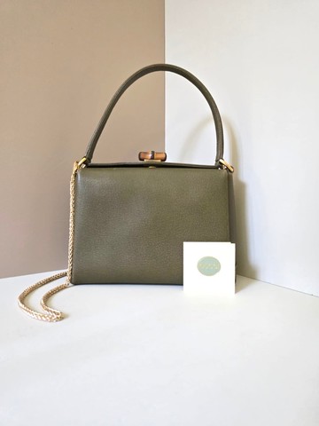 稀有中古二手Gucci橄欖綠竹節皮革小盒子單肩小包側背斜揹孭手袋