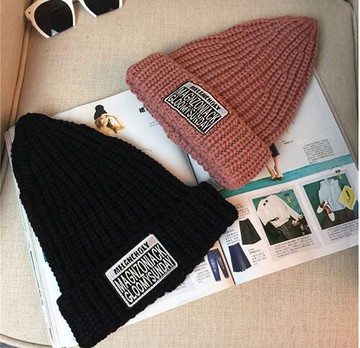 韓國 秋冬 尖尖帽 毛帽 復古 混色 毛線帽 刺繡 字母 拼貼 翻沿  帽子