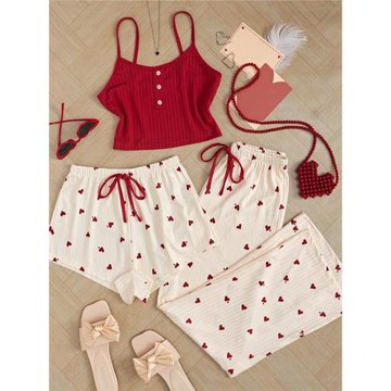 睡衣女春夏新款甜美可愛少女三件套裝高級感吊帶短褲長褲家居服潮