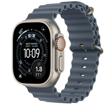 Apple Watch Ultra 3 (GPS + 行動網路)；49 公釐原色鈦金屬錶殼；錨藍色海洋錶帶