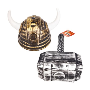 摩達客 COSPLAY派對佈置 古銅色 牛角帽頭盔 + 雷神鐵鎚兩入組  古銅色 + 銀色  1組