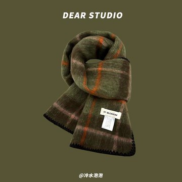 日系復古綠色格子圍巾女冬季加厚保暖百搭高級感仿羊絨圍脖披肩潮