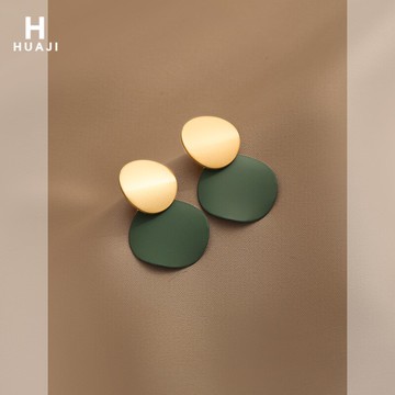花跡撞色圓片耳環女簡約復古港風莫蘭迪色耳釘個性創意網紅耳飾