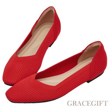 【Grace Gift】零著感方頭柔織軟墊平底娃娃鞋 紅