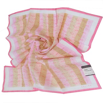 CELINE 日本製緞帶直紋品牌圖騰字母LOGO大帕領巾(粉紅系/58CM)