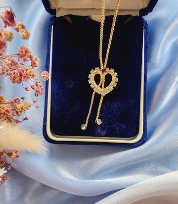 美國西洋古董飾品 / 紅萊茵滿鑽鏤空愛心小流蘇頸鍊/項鍊/復古