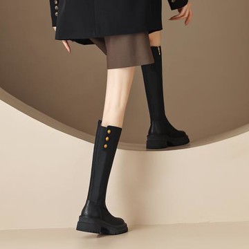 非侈Feichi 酷Girl~真皮圓頭厚底騎士靴女秋冬棕色百搭粗跟長筒靴