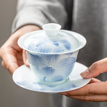 手繪蓋碗單個泡茶杯白瓷薄胎家用不燙手功夫茶具套裝三才帶蓋茶碗