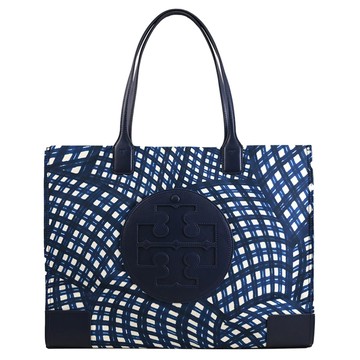 TORY BURCH 145610 網狀格紋尼龍皮邊飾大托特包.海軍藍