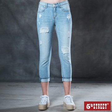 女裝 牛仔褲 長褲 割破補丁男友褲-漂淺藍 (917013) 【5th STREET】【APP下單享4%回饋】 聖誕禮物券 最高折700