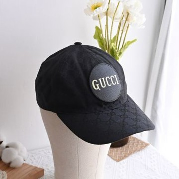 GUCCI 燙金LOGO緹花布棒球帽/遮陽帽(黑)
