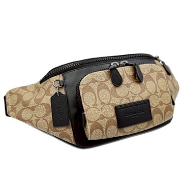 COACH 男款皮牌胸前包/腰包/單肩斜背包(皮牌-焦糖/黑)