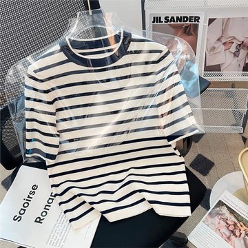 (免運)輕奢篙端~小禾原紗舒適親膚有機棉撞色圓領條紋針織衫短袖T恤上衣