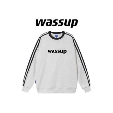 WASSUP潮牌男女美式三條杠圓領秋冬季寬松設計感純棉情侶款上衣