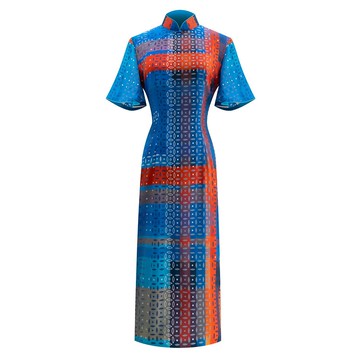 【富貴銅錢】經典紅白藍真絲長衫旗袍 | 國潮港風新中式