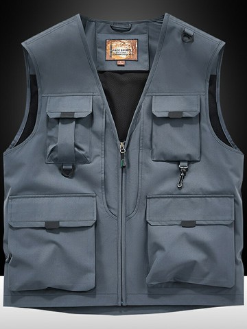 男士大尺碼背心馬甲外套   秋季馬甲男戶外休閑寬松大碼速干坎肩多口袋工裝背心v領釣魚馬夾