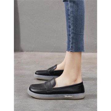 牛筋底真皮平底單鞋女2023年新款春秋百搭不累腳工作樂福鞋英倫風