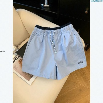 🌟新店優惠🌟夏天松弛感韓版獨特超好看藍色褲子抽繩休閑運動短褲女2025年新款