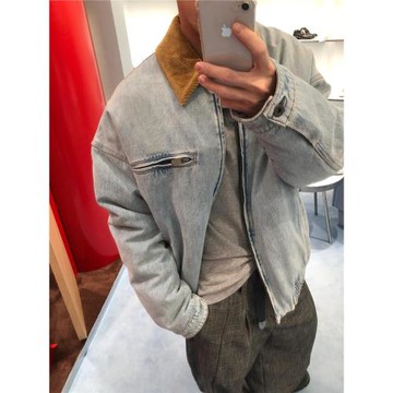 劉浩存同款MUMU風格燈芯絨翻領牛仔水洗做舊破壞刺繡棉服外套