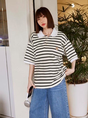 寬版條紋小熊POLO領上衣