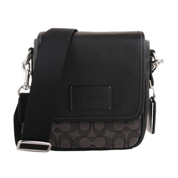 COACH-皮革拼接緹花LOGO 翻蓋直式斜背包(黑灰)小