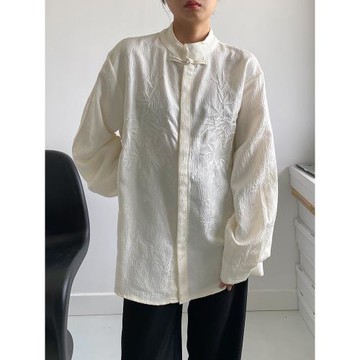 無癮派新中式盤扣襯衫小眾提花壓皺肌理刺繡設計寬松休閑襯衣女男