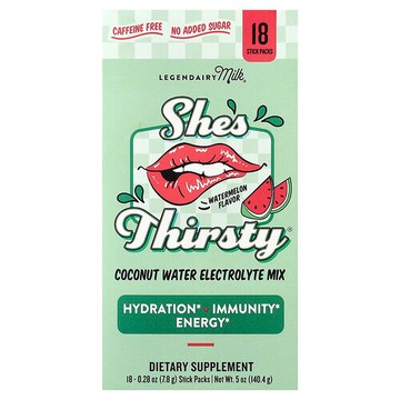 Legendairy Milk, She's Thirsty®，椰子水電解質混合物，西瓜味（盒裝），18 條，每條 0.28 盎司（7.8 克）