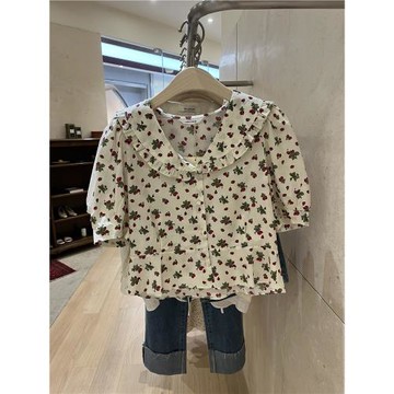 【折扣】碎花娃娃領V領襯衫女夏韓系設計感小眾上衣216303