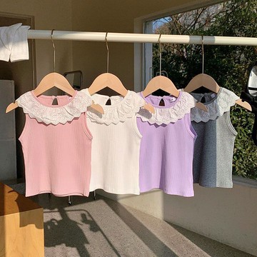 Healthy baby 女童背心夏季新款韓版卡通上衣兒童裝花邊領薄款無袖外穿 女童背心 女童無袖上衣