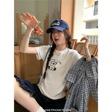 PPHOME自制~萌萌線條狗 可愛小狗刺繡圓領短袖T恤夏日灰色上衣女