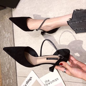 一字帶高跟鞋綁帶細跟2025年新款斬男黑色職業氣質水鉆包頭涼鞋女