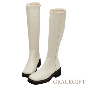 【Grace Gift】百搭專屬方頭輕量厚底長靴 米白