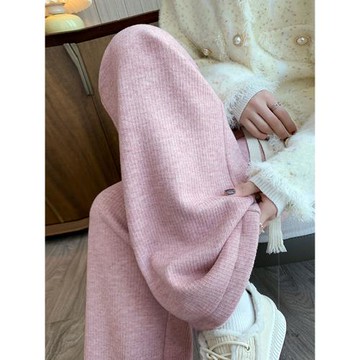 韓國粉色羊絨闊腿褲女秋冬新款加絨高腰顯瘦休閑高級感窄版直筒褲