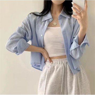 台灣出貨 韓版小條紋襯衫設計感小衆新款長袖防曬襯衫女外穿開衫 薄外套 長袖襯衫 襯衫上衣 素色襯衫 防曬襯衫