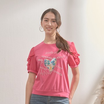 ★【喜芝梅】愛戀心鎖 亮片愛心燙鑽鏈條字母棉質短袖上衣(兩色；M-2L) 125520929