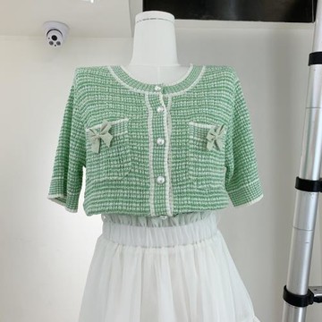 夏季新款圓領韓國東大門小清新氣質顯白蝴蝶結通勤風百搭針織開衫