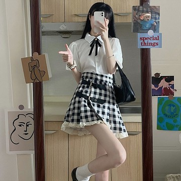 格子半身裙女夏季新款高腰裙子木耳邊顯瘦A字裙設計感學院風短裙
