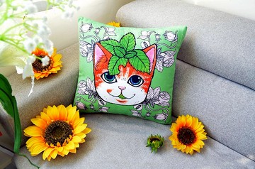 Gookaso原創繪本設計創作 薄荷葉貓咪卡通絲絨質印花抱枕 45x45cm